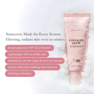 🌸 Kollageeni aurinkosuoja 🌸 | SPF 50 laajakirjoinen kasvojen aurinkosuoja | Kevyt, ei tahmea, kosteuttava koostumus | Ei valkoista kalvoa tai jäämiä | Peptidiä ja cicaa rauhoittamiseen ja luonnolliseen hehkuun